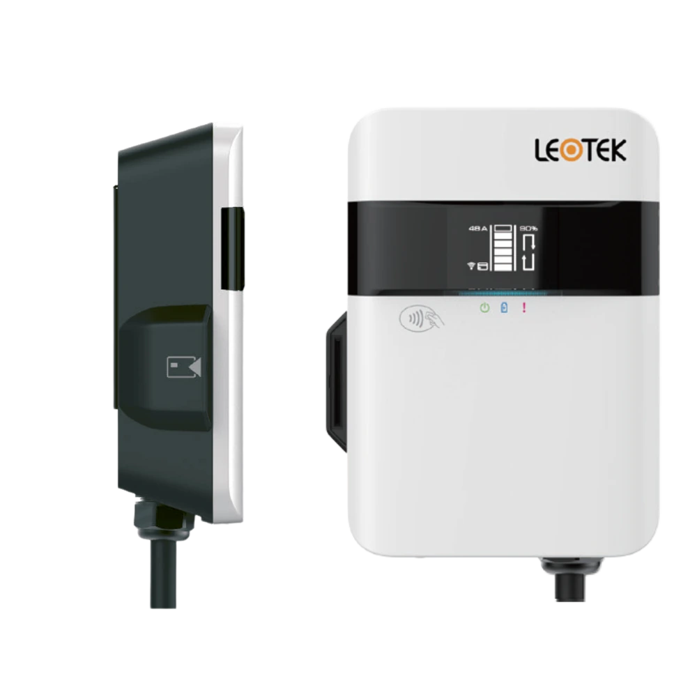 Front and side views of a LEOTEK EV charger showing its display and charging cable