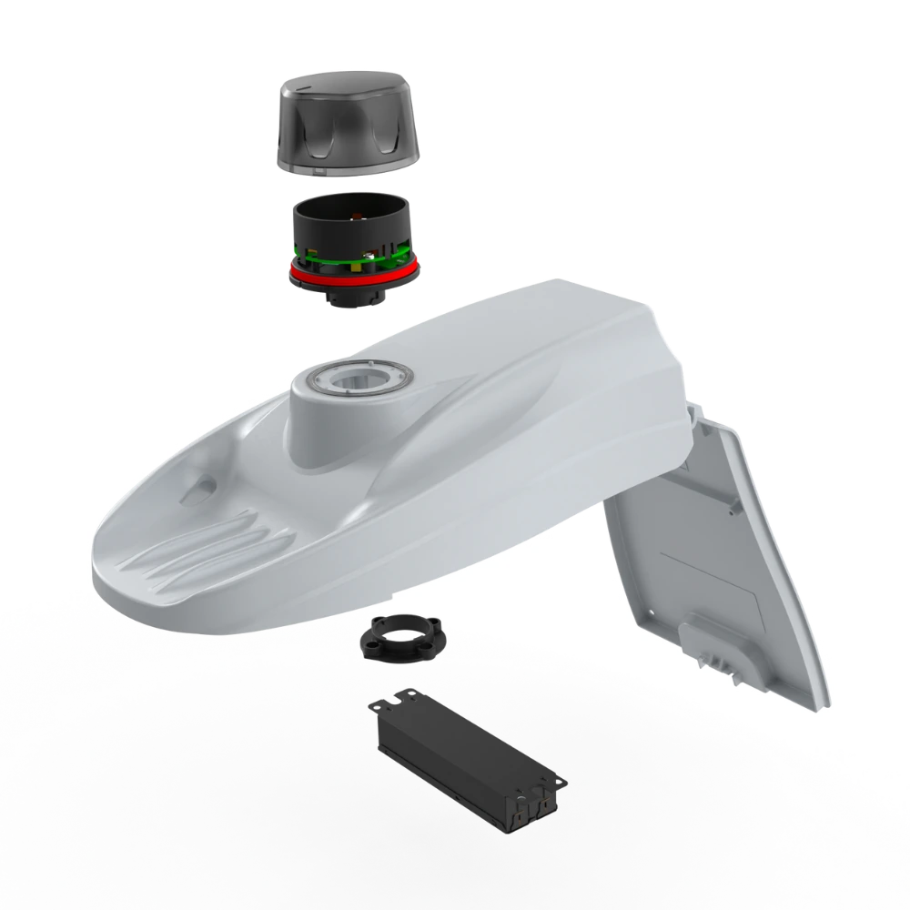 Exploded view of a KarbonCobra streetlight showing the controller, luminaire housing, hinged cover, and internal driver