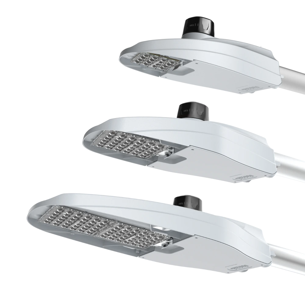 Underside views of LEOTEK KarbonCobra LED roadway luminaires with optical arrays and pole-mounted controllers
