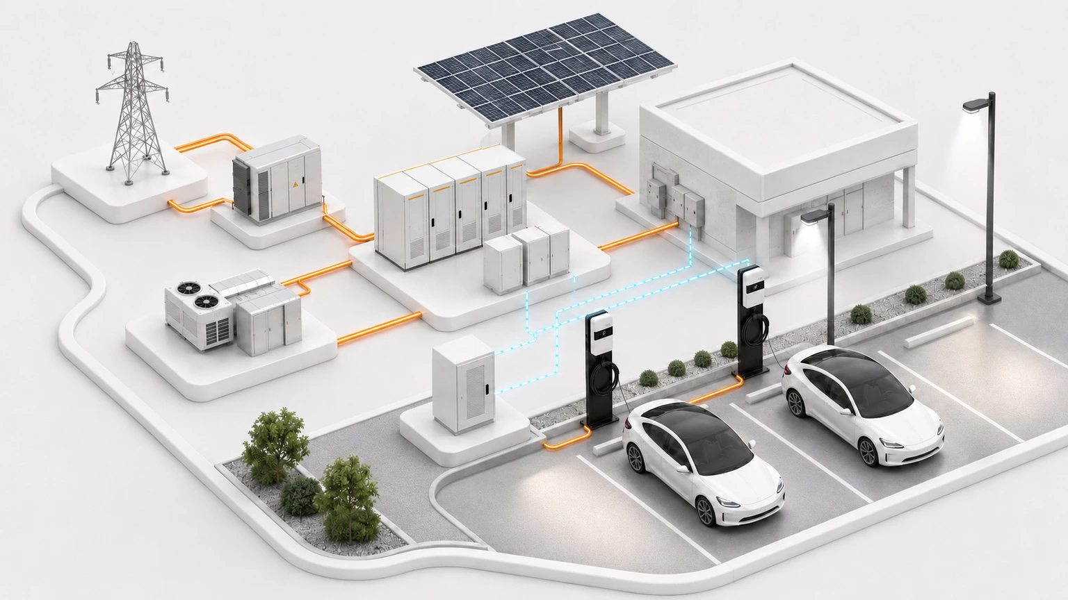 Public infrastructure site with EV charging, solar panels, battery storage, utility equipment, and site lighting.