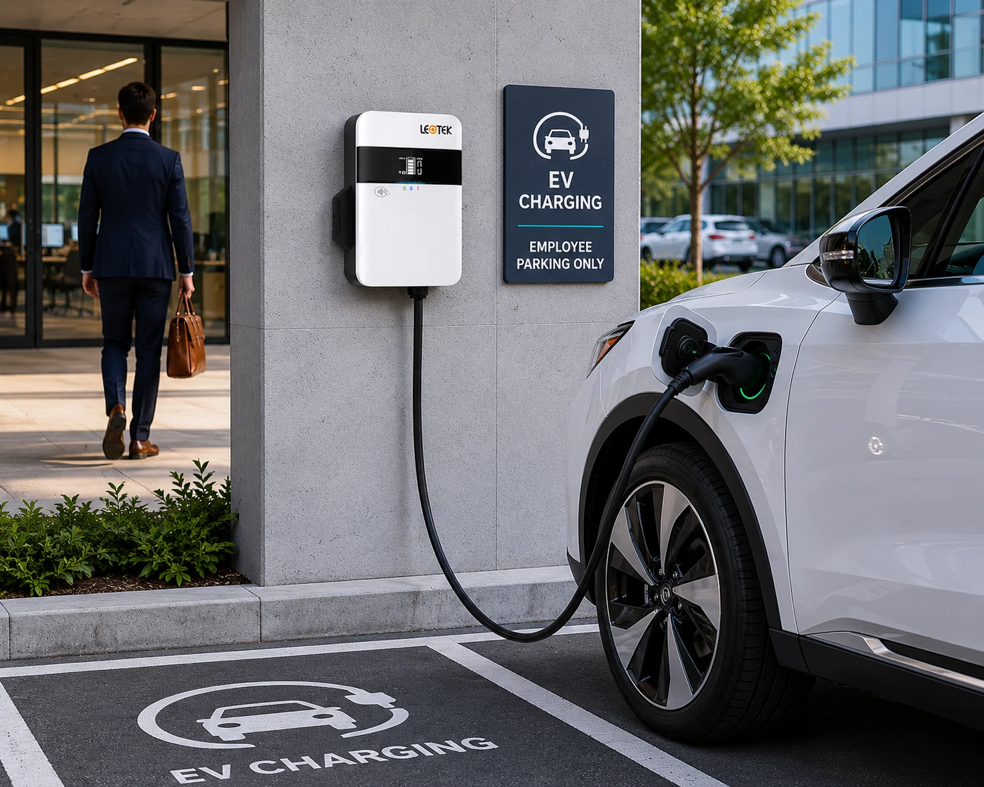 LEOTEK EV charger charging an electric vehicle in employee parking outside an office building