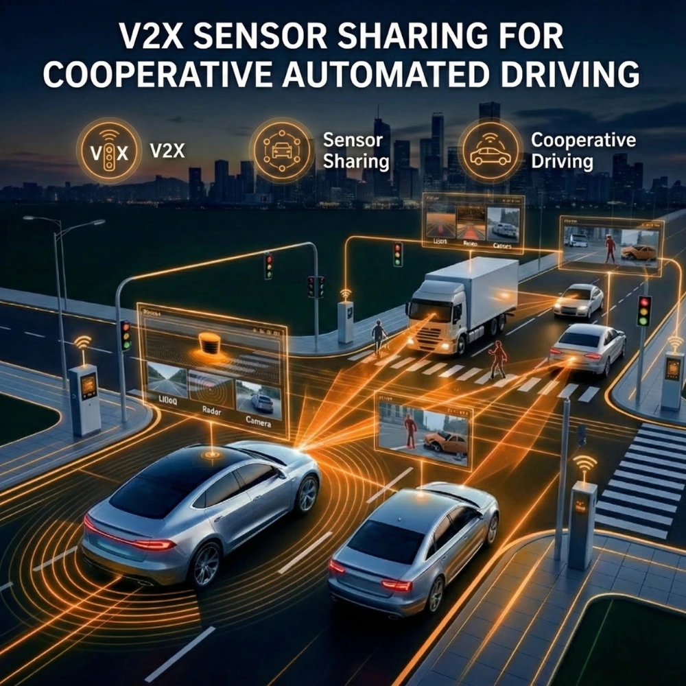 Concept illustration of V2X sensor sharing between vehicles and roadside equipment at an intersection