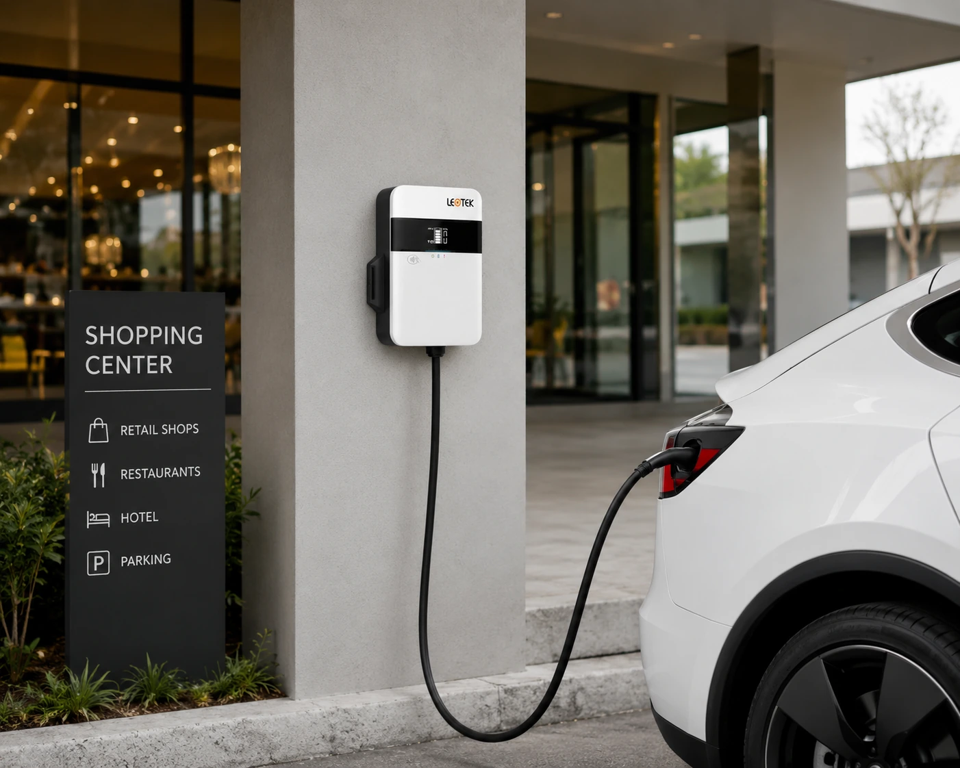 Wall-mounted LEOTEK EV charger beside an electric vehicle at a shopping center