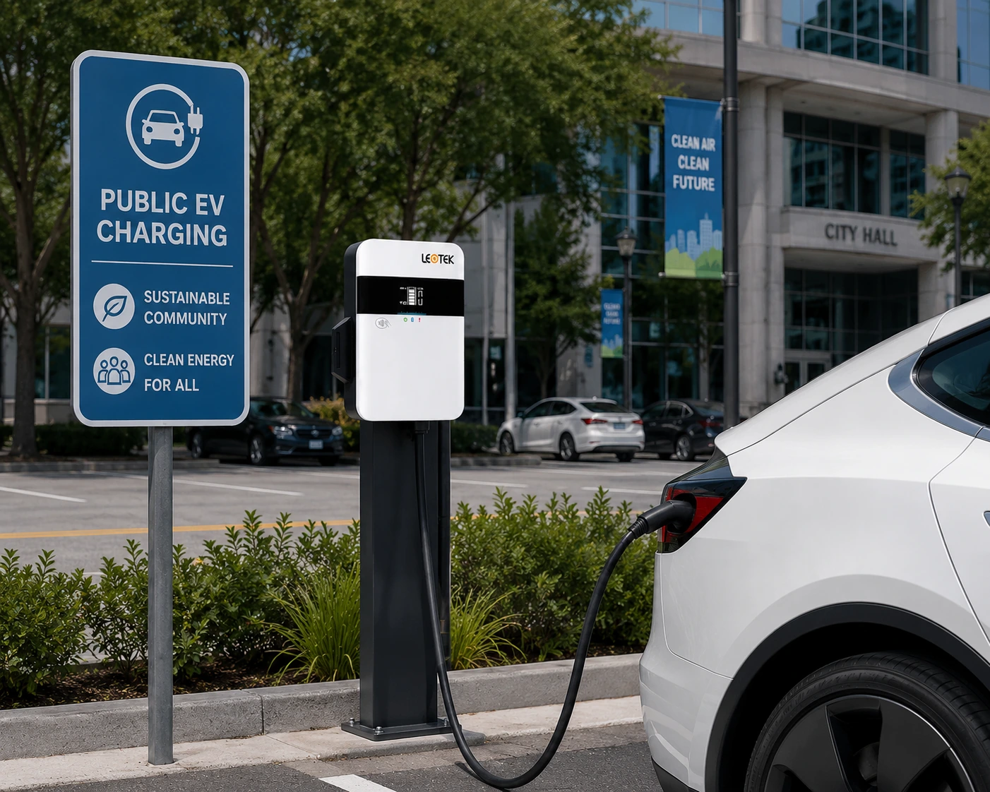 LEOTEK public EV charging station outside a city hall, beside a public charging sign and an electric vehicle