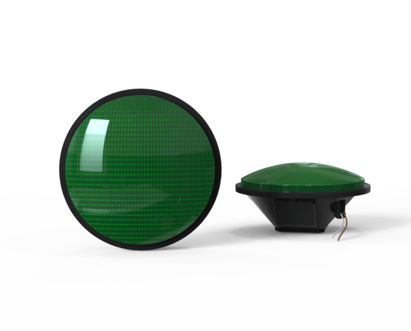 Green circular traffic signal module shown from the front and side.