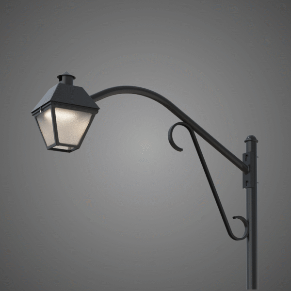 Black colonial lantern suspended from a decorative curved arm.