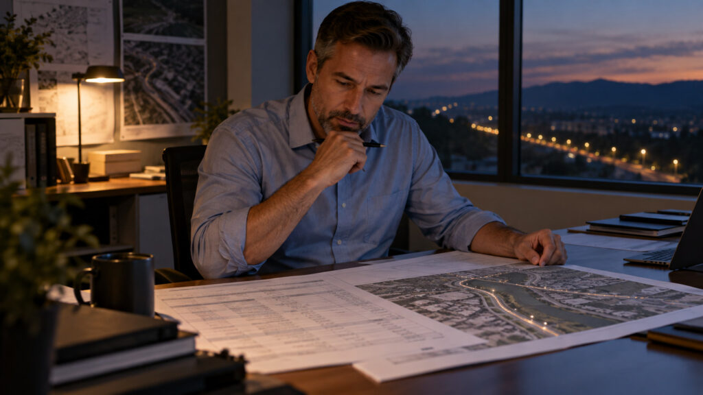 Municipal engineer comparing streetlight specifications with a roadway lighting plan in an office.