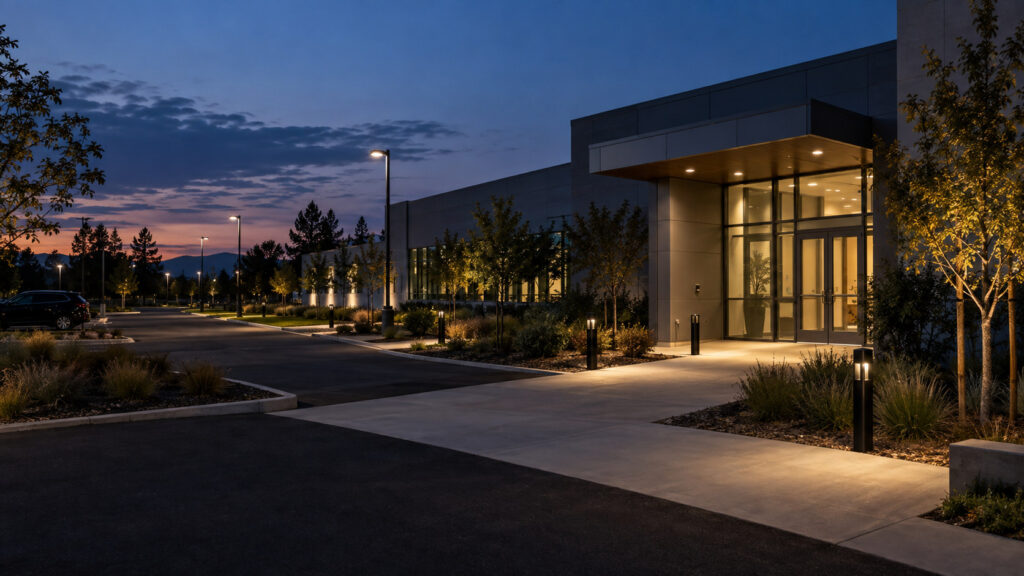Commercial property perimeter with shielded lighting focused on walkways and entrances at dusk.