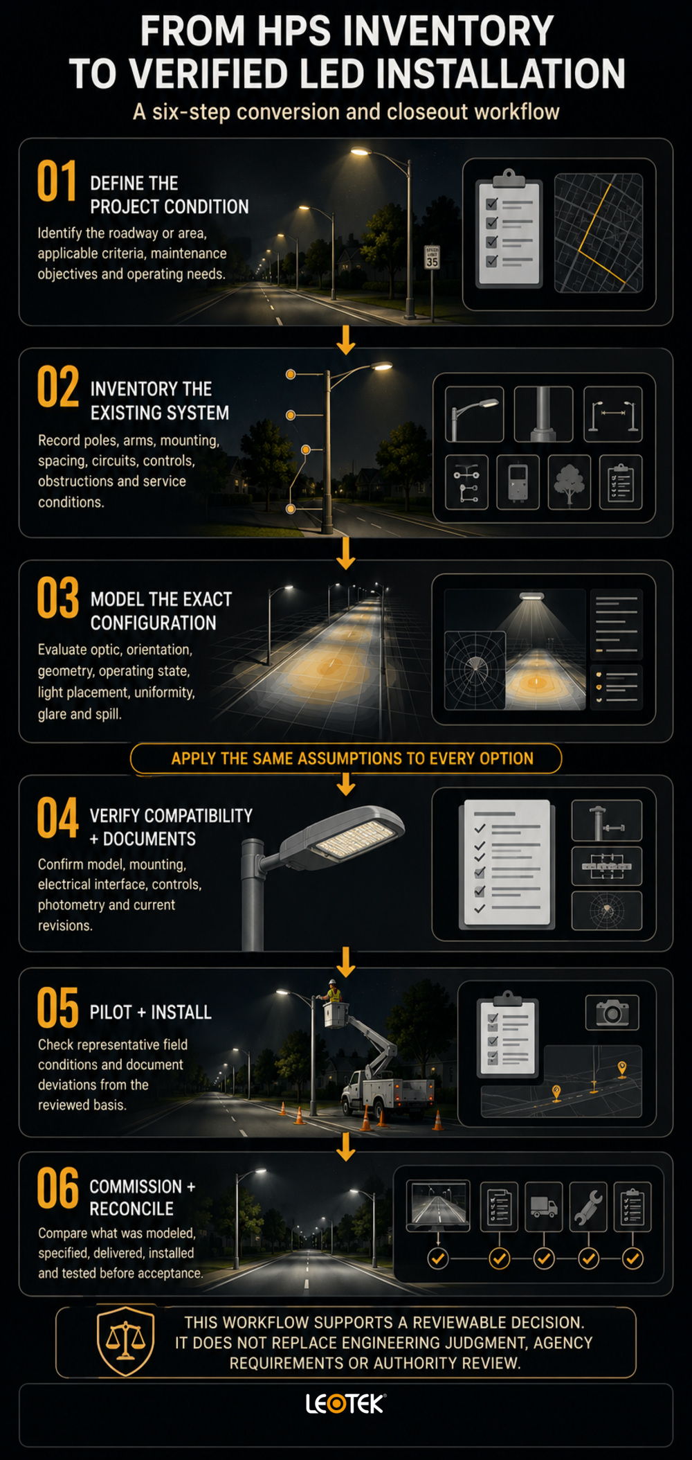 hps-led-streetlight-six-step-conversion-closeout-workflow-infographic