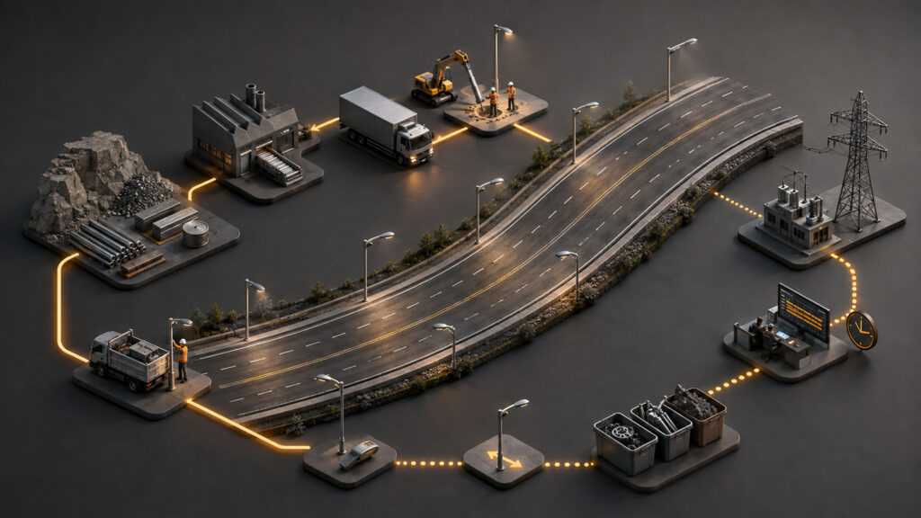 Embodied Carbon vs. Operational Carbon! What are the differences in Roadway Lighting? Embodied carbon is associated with making, delivering, installing, replacing, and eventually managing the end of life of roadway-lighting equipment within a defined assessment boundary. leotek-roadway-lighting-embodied-operational-carbon-lifecycle-cover