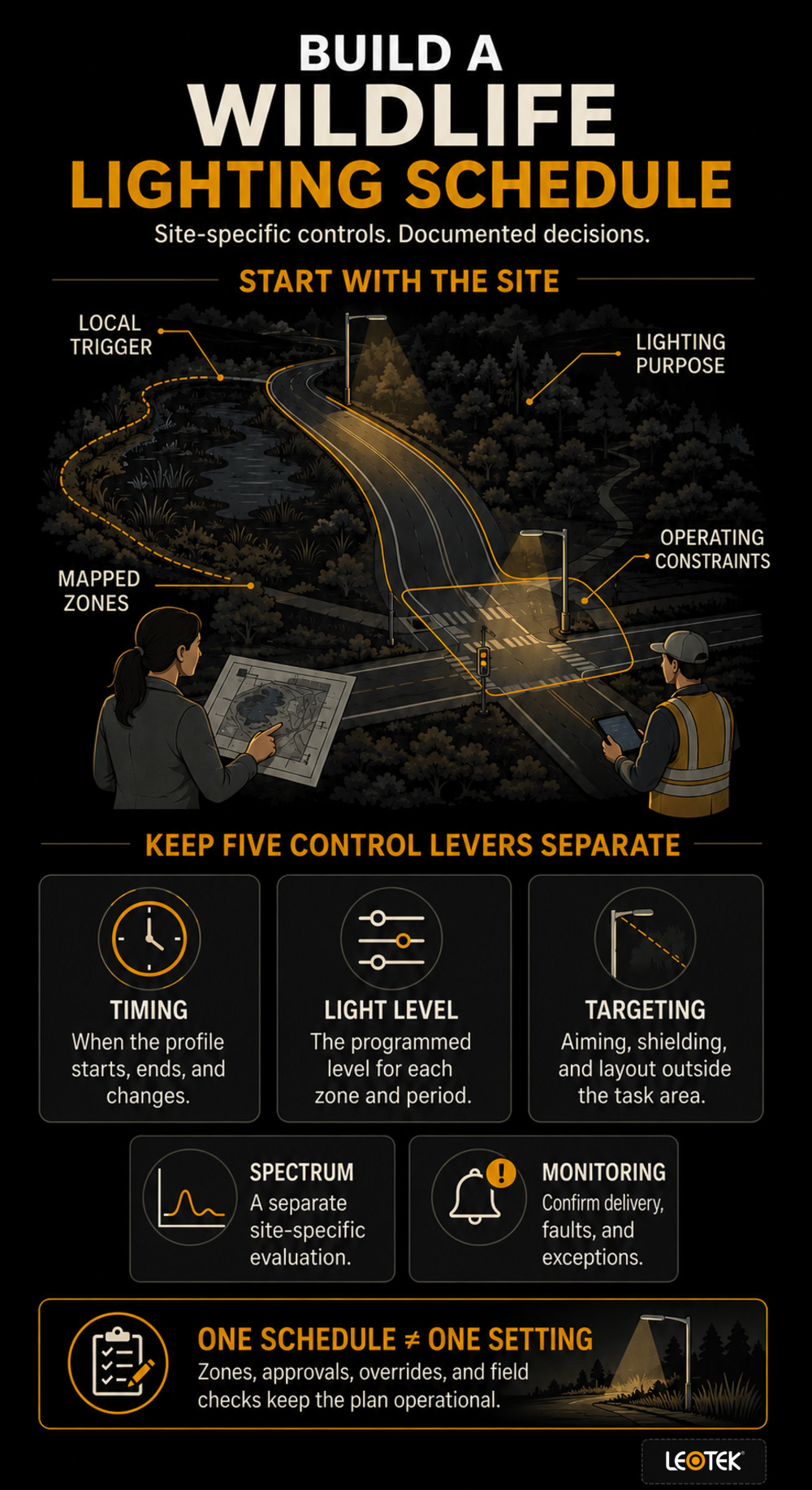 LEOTEK infographic showing site inputs and five separate control levers for a wildlife lighting schedule.