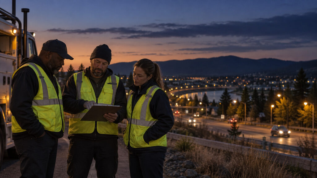 Municipal maintenance crew discussing a repair work order beside a roadway, with installed streetlights in the distance.