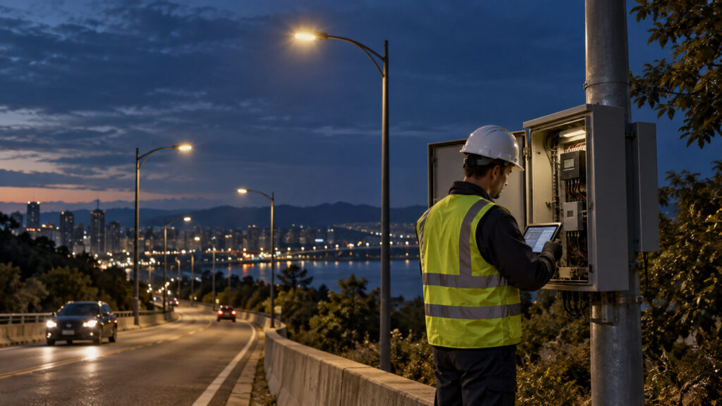 Field technician inspecting a roadside control enclosure while nearby streetlights remain illuminated at dusk