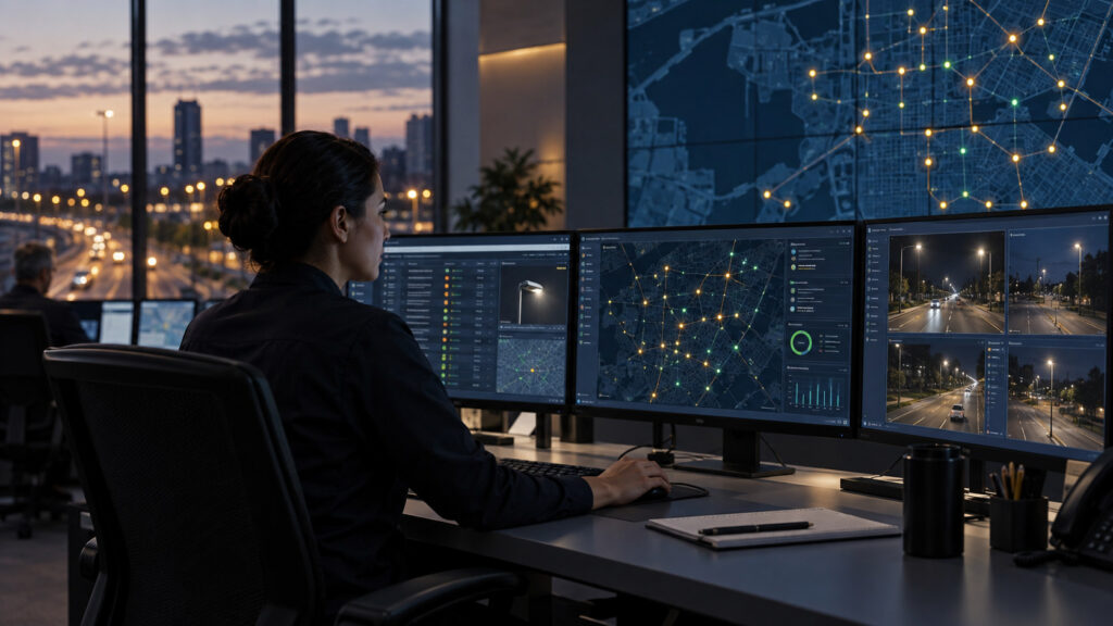 Municipal operations analyst reviewing a connected streetlight network on monitoring screens at dusk
