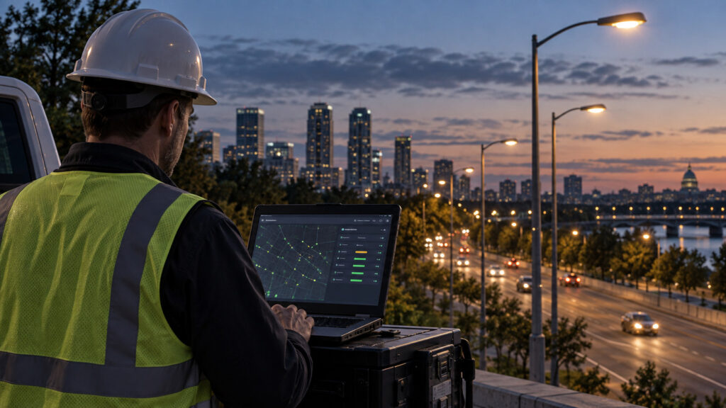 Municipal field technician reviewing connected roadway lights at dusk