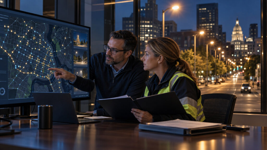 Illustrative scene of municipal staff reviewing connected streetlight data and a city map at dusk.