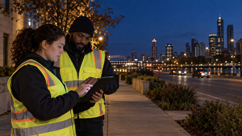 Field technicians updating municipal streetlight asset records on a sidewalk, with installed lights in the distant streetscape.