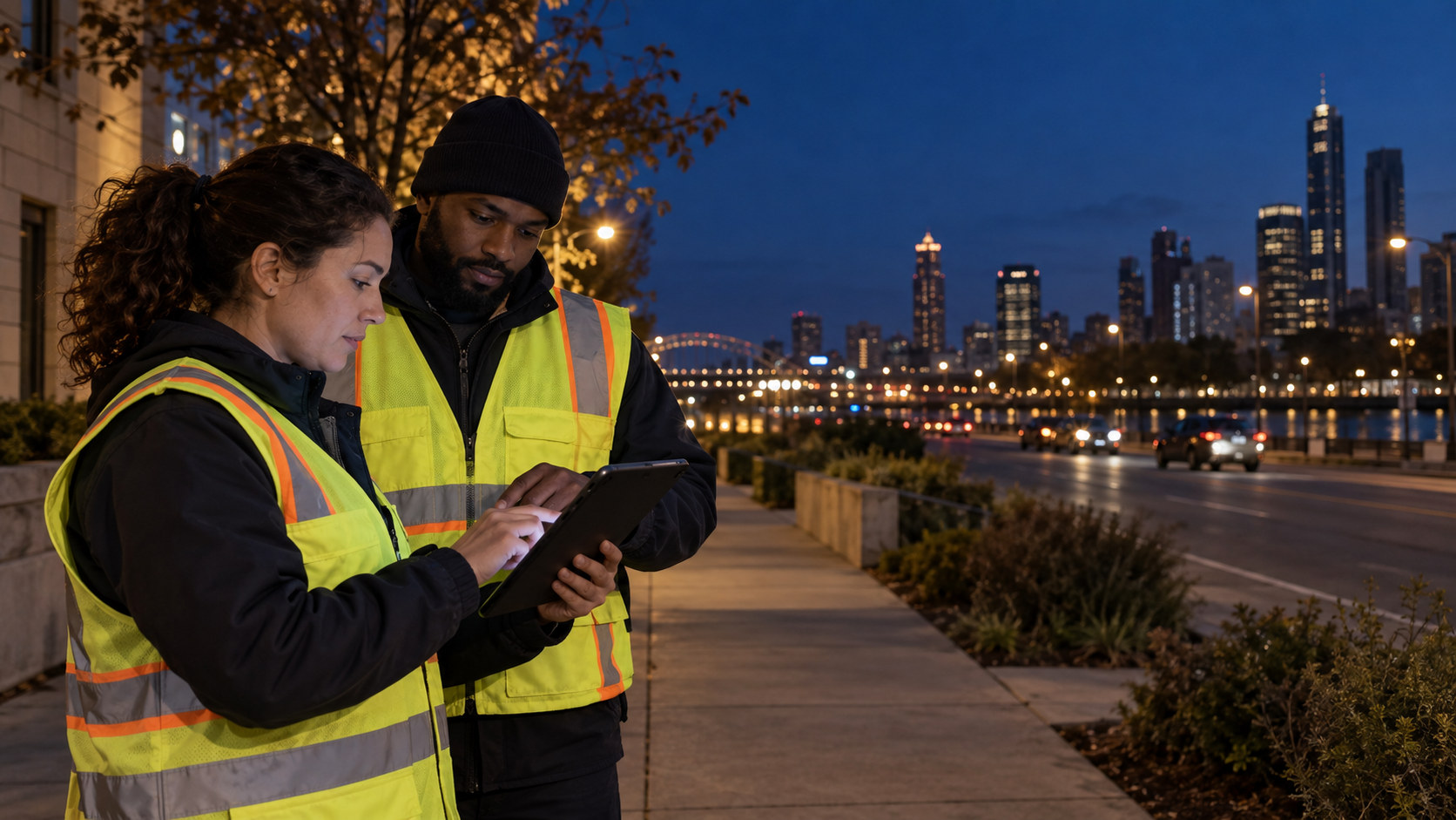 Field technicians updating municipal streetlight asset records on a sidewalk, with installed lights in the distant streetscape.