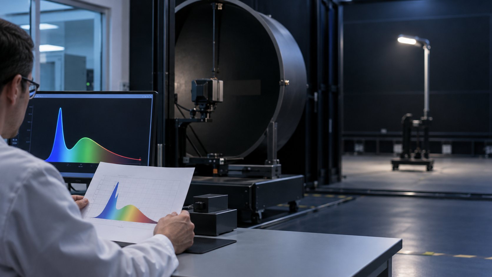 Conceptual photometric lab with an engineer reviewing a spectral curve while a generic test luminaire remains distant.