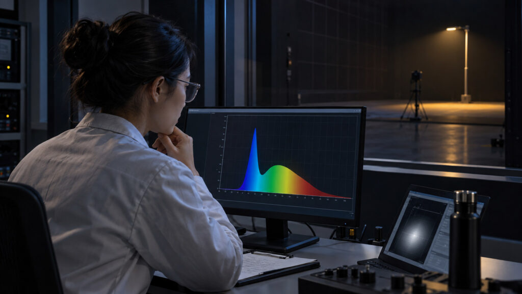 Optical laboratory technician reviewing a spectral measurement while a test luminaire remains small in a dark chamber.