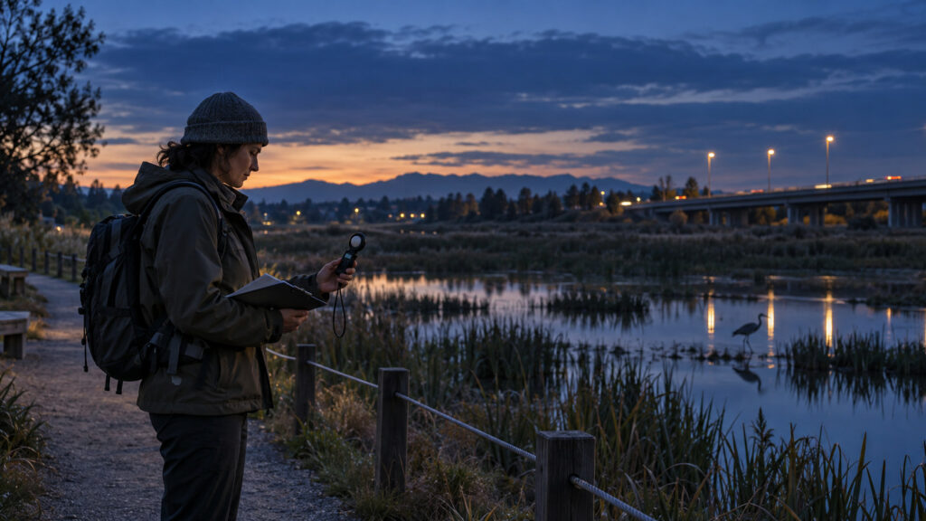 Ecologist measuring outdoor light near a wetland path at blue hour.