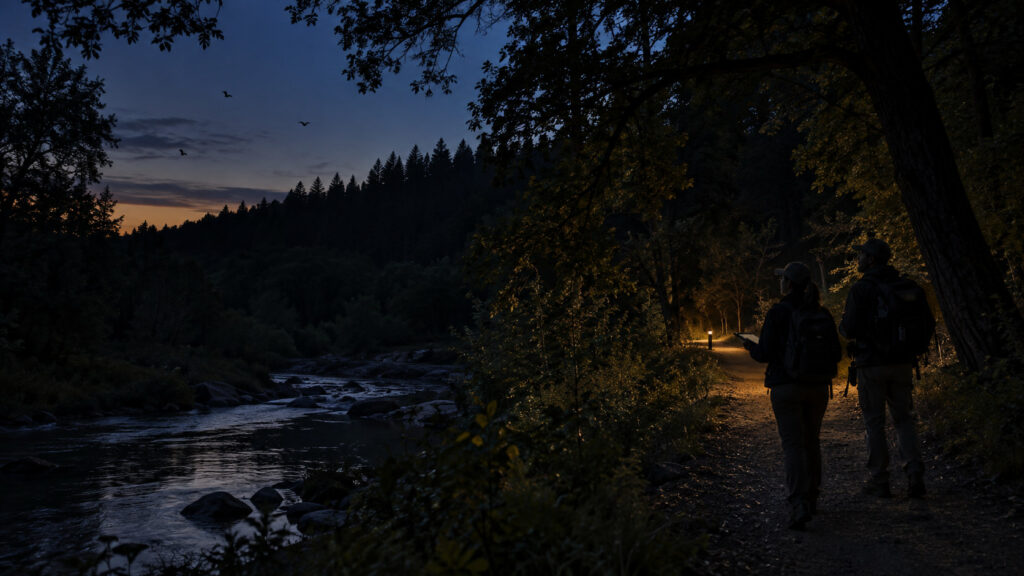 Dark woodland corridor for bats with a distant, carefully shielded path light.
