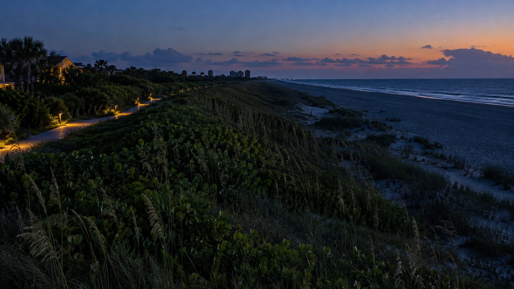 Conceptual coastal view with small path lights on the landward side of a vegetated dune and a dark beach.