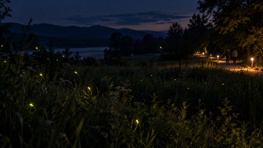 Fireflies in a dark meadow beside a distant, carefully controlled pedestrian path light.