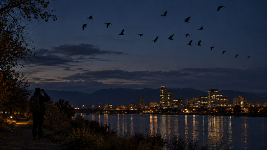 Birds flying over a city at night, with distant streetlights along the waterfront.