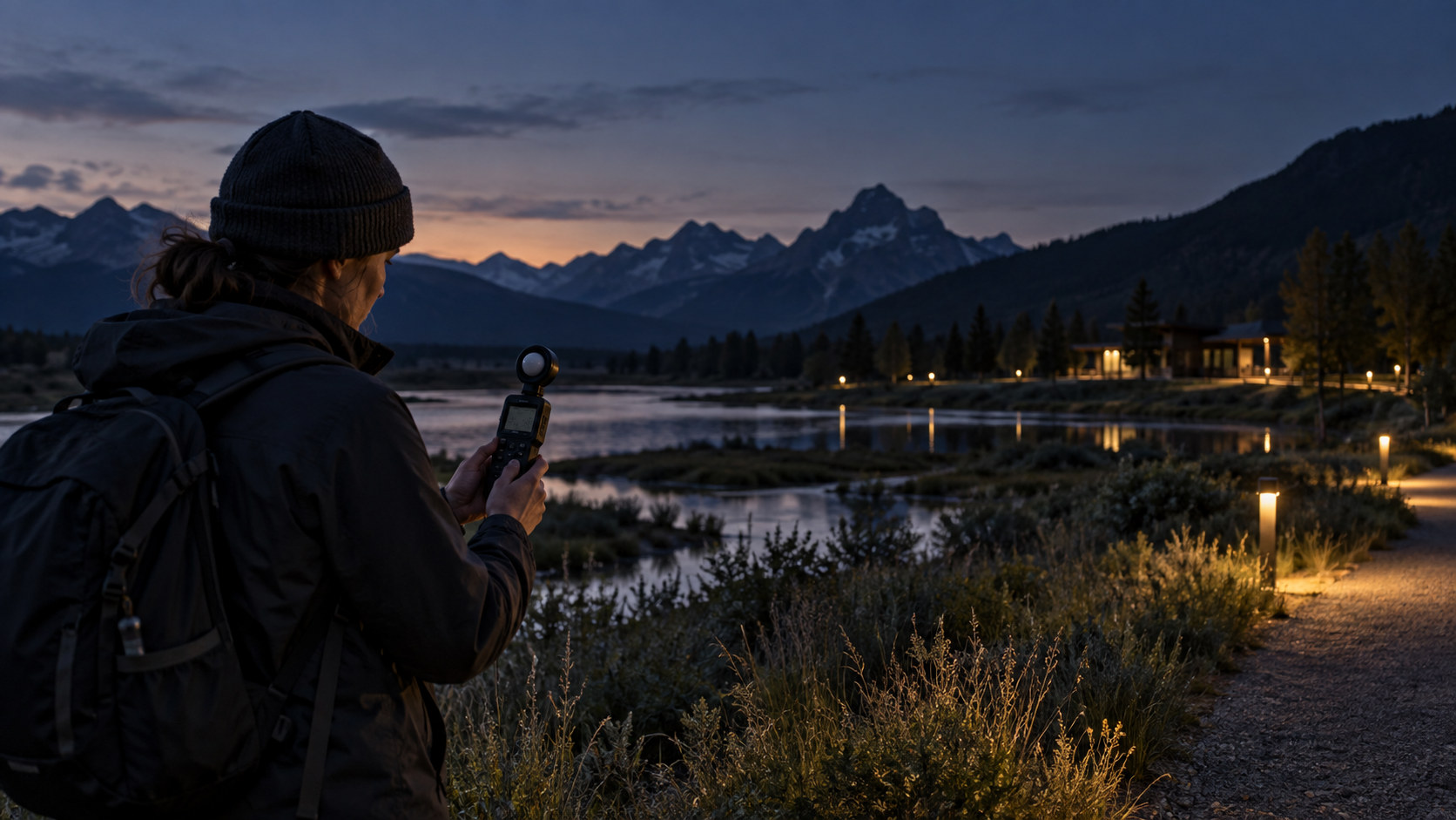 Field researcher using a handheld light meter near a wetland path after dusk.
