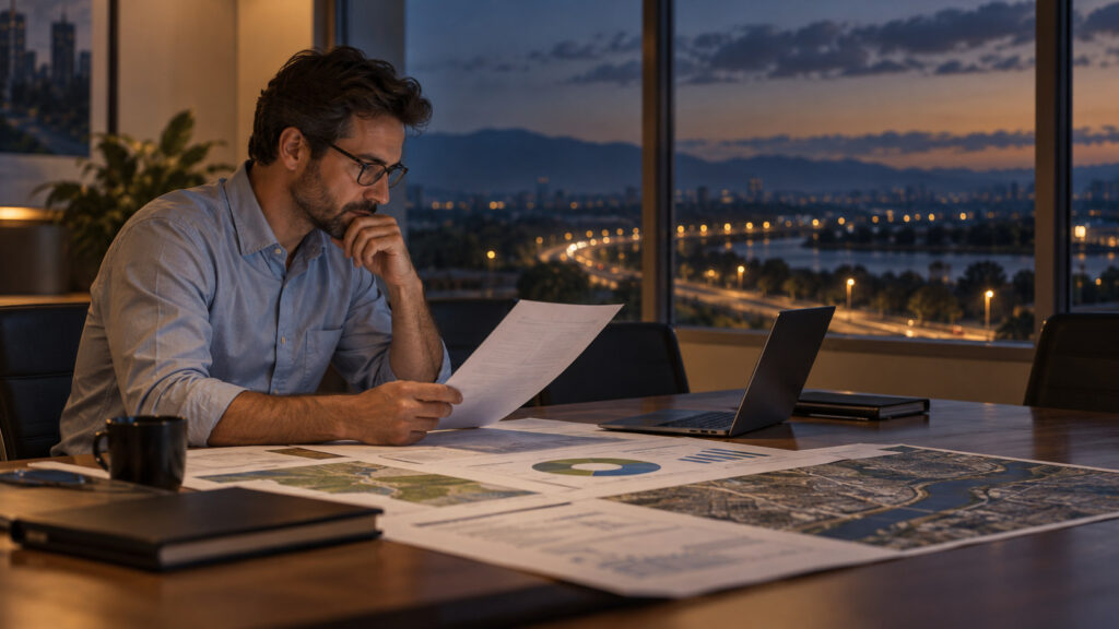 Engineer reviewing lifecycle assessment documents and a municipal streetlight inventory, with distant streetlights outside.