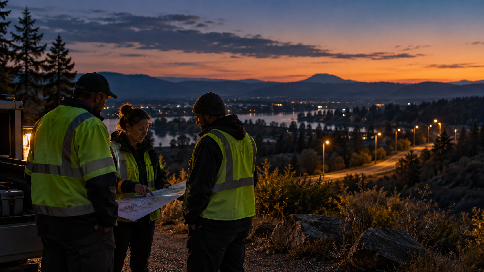 Roadway maintenance team reviewing plans at dusk with streetlights visible in the distance