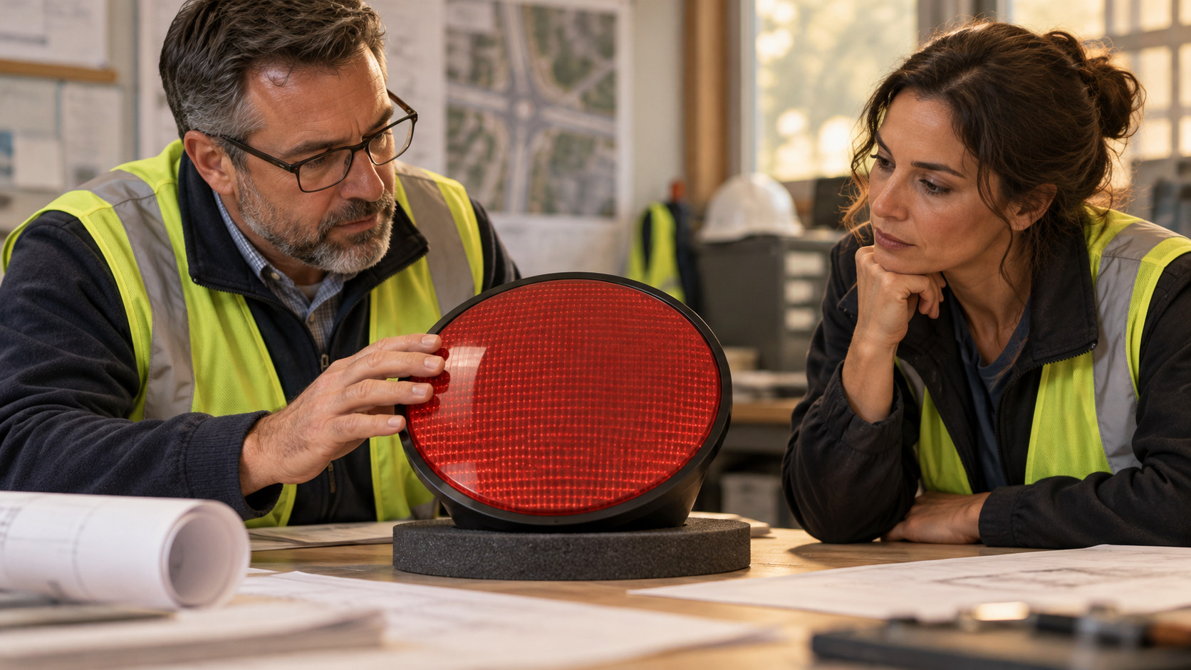 Two municipal procurement and engineering colleagues inspecting a full-size 305mm red signal module on a work table, with a laptop and model-specific paper documents, candid warm daylight. AI-generated illustration.