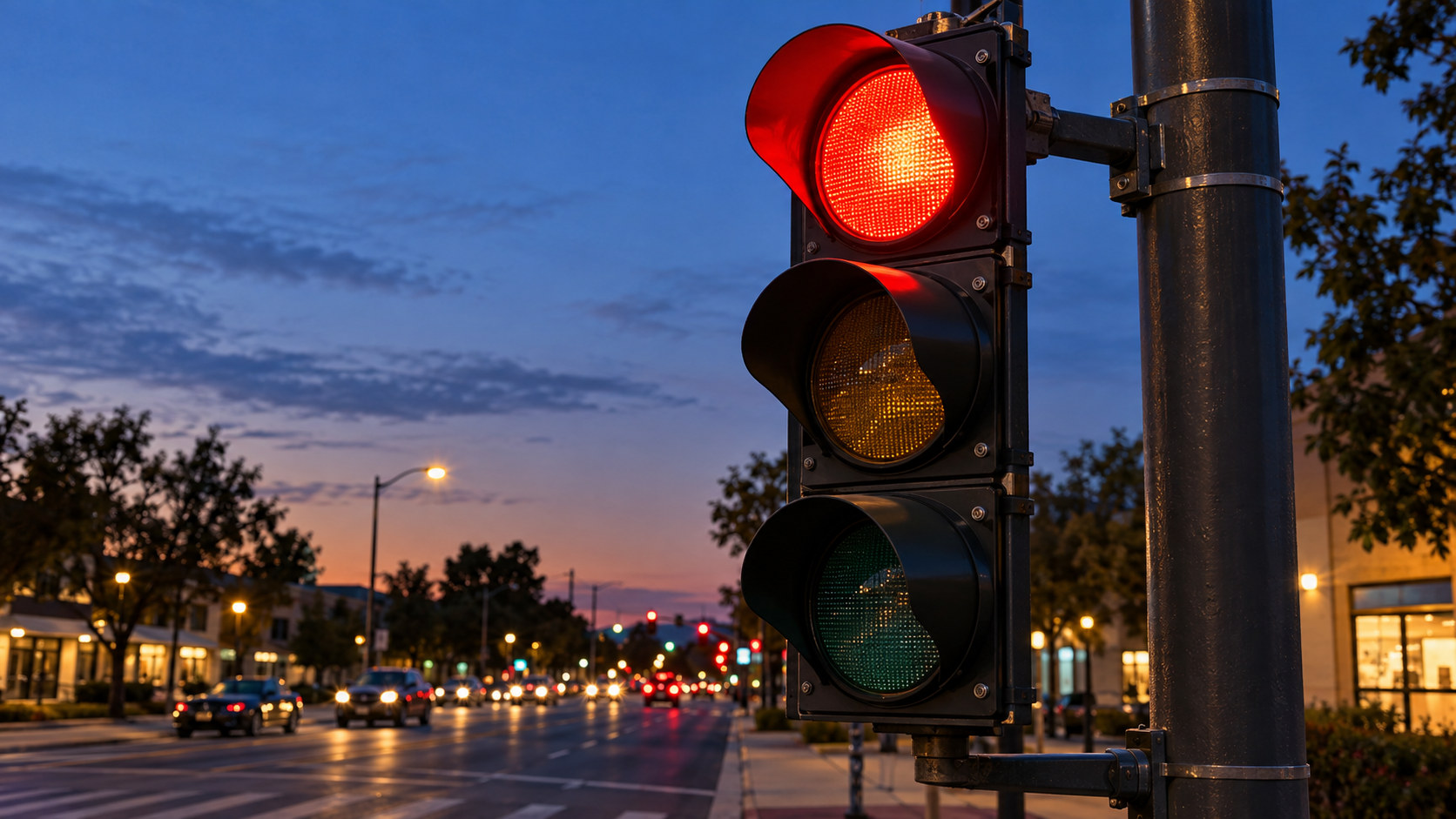 An American three-section traffic signal at blue hour viewed from the safe sidewalk at a mild angle. AI-generated illustration.