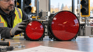 An engineer's clean workbench with two unpowered red circular traffic signal inserts side by side, one 203mm diameter and one 305mm diameter. AI-generated illustration.