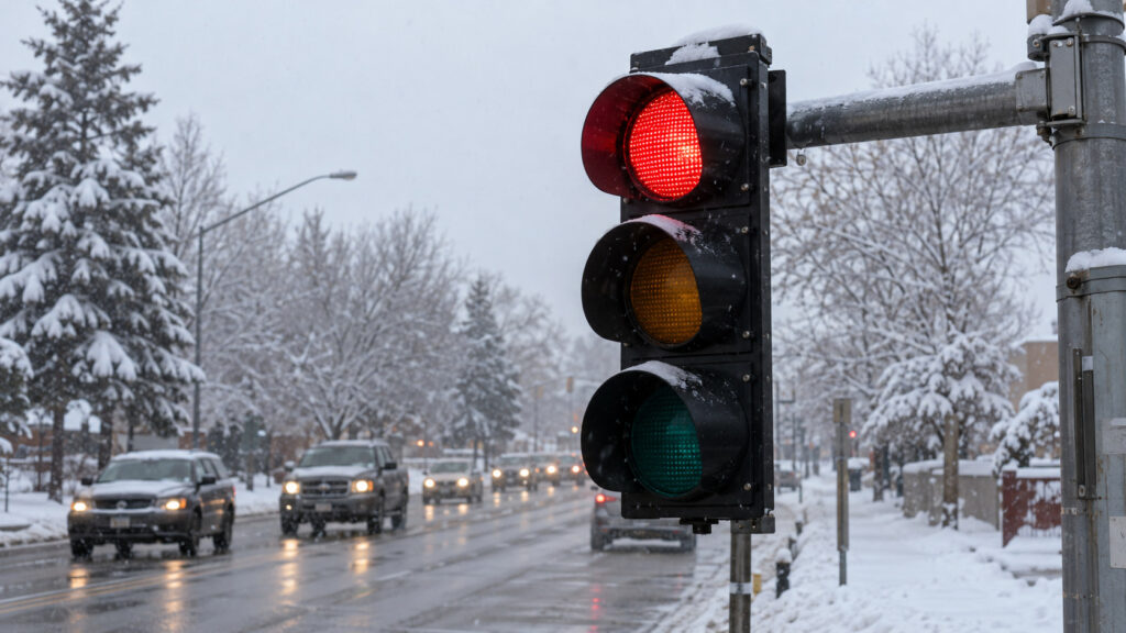 A full-size three-section American traffic signal on a proper mast arm during light winter snowfall, red top indication clearly visible, middle amber and lower green unlit. AI-generated illustration.