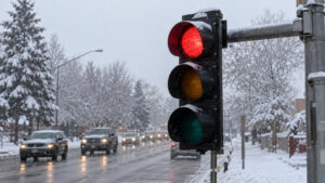 A full-size three-section American traffic signal on a proper mast arm during light winter snowfall, red top indication clearly visible, middle amber and lower green unlit. AI-generated illustration.