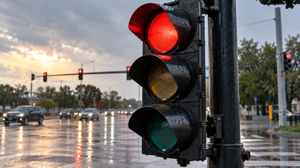 Close editorial photograph of a full-size black traffic-signal head with rain droplets on visor and sealed lens rim after a shower, top red lens lit and other lenses dark. AI-generated illustration.