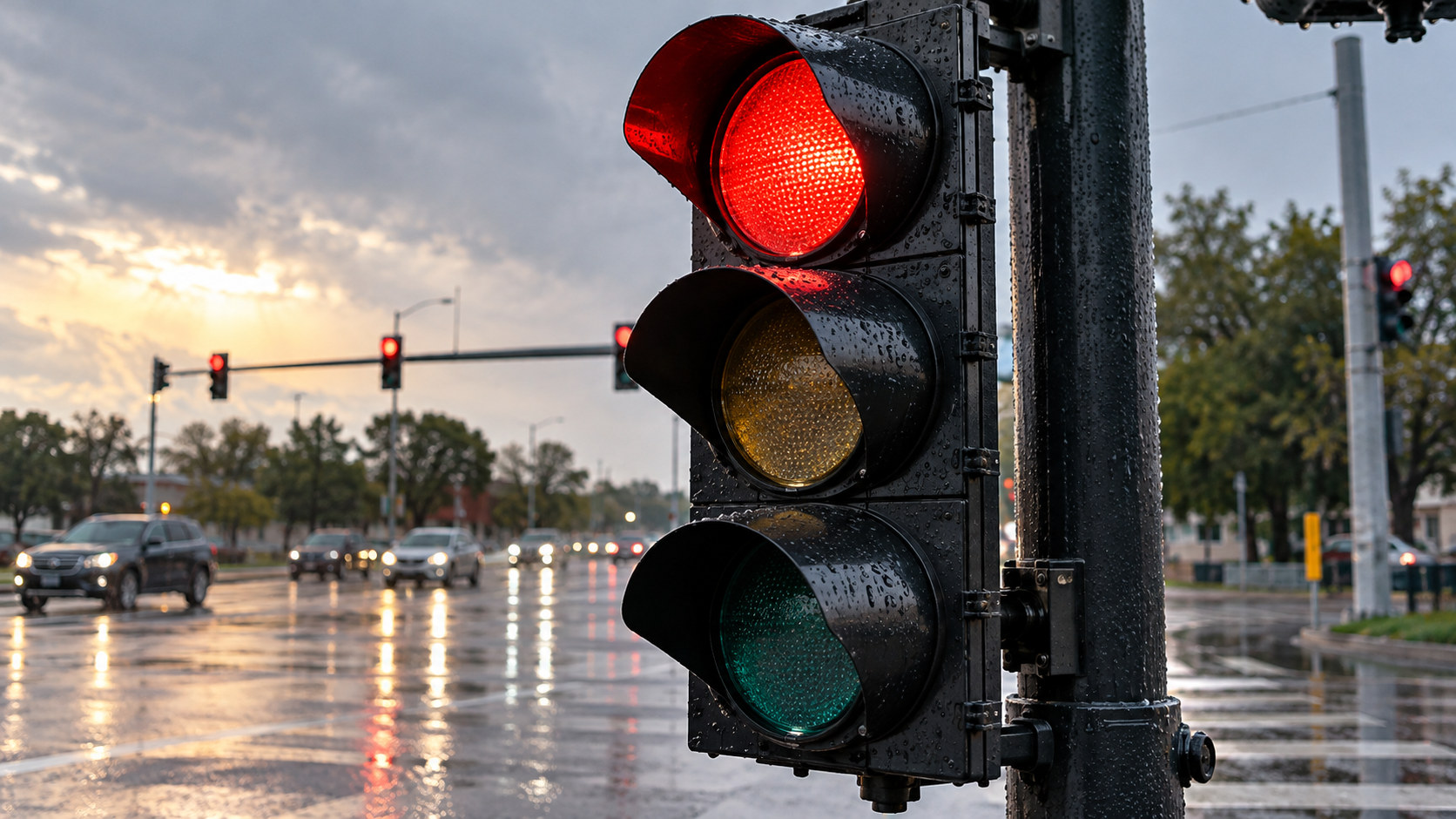 Close editorial photograph of a full-size black traffic-signal head with rain droplets on visor and sealed lens rim after a shower, top red lens lit and other lenses dark. AI-generated illustration.