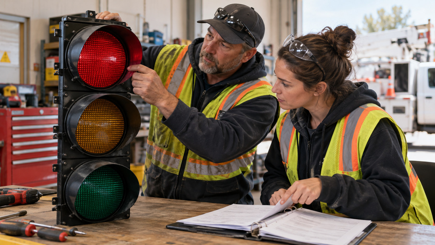 A traffic maintenance supervisor and technician at an uncluttered workshop desk reviewing an unpowered full-size red 305mm signal module and a short paper service record. AI-generated illustration.
