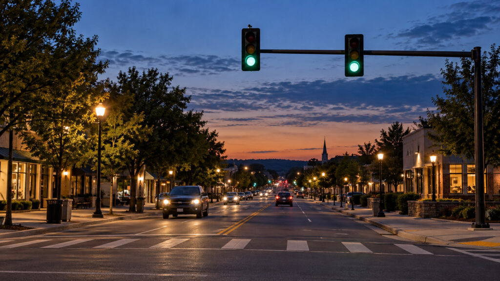 A quiet American signalized avenue at blue hour, efficient-looking ordinary street lighting and full-size overhead traffic signals, one main approach showing green only and other signal faces turned away. AI-generated illustration.