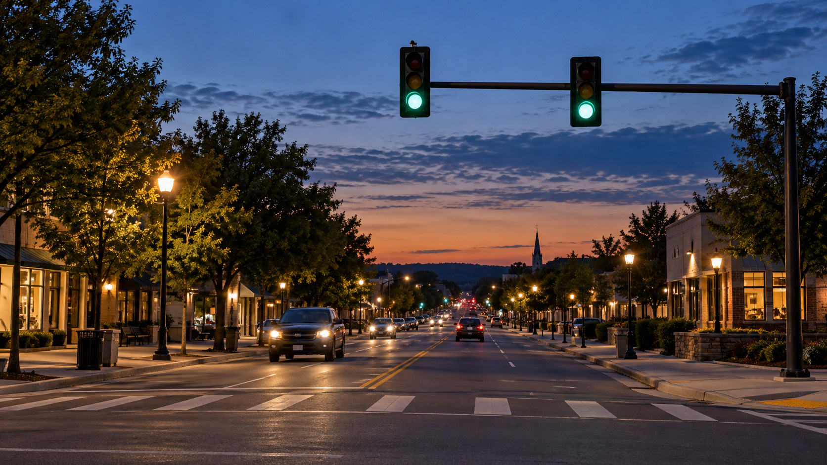 A quiet American signalized avenue at blue hour, efficient-looking ordinary street lighting and full-size overhead traffic signals, one main approach showing green only and other signal faces turned away. AI-generated illustration.