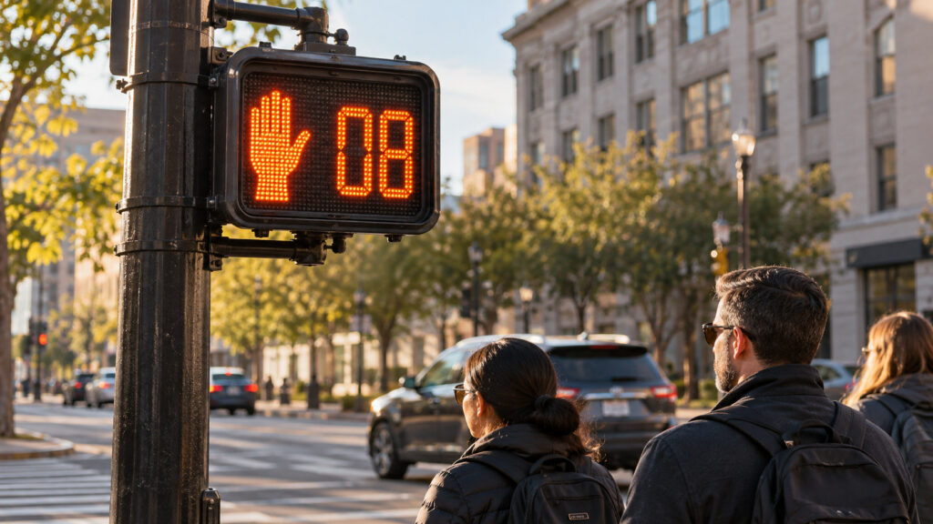 A full-size American 16-by-18-inch format pedestrian countdown signal at a sidewalk corner in warm morning light. AI-generated illustration.