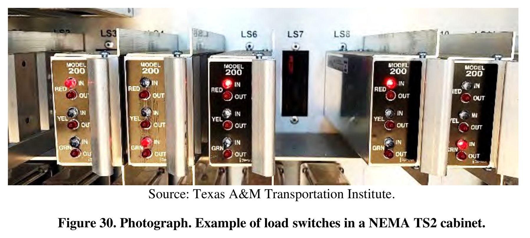 A row of load switches in a NEMA TS2 signal cabinet, with red, yellow and green output labels.
