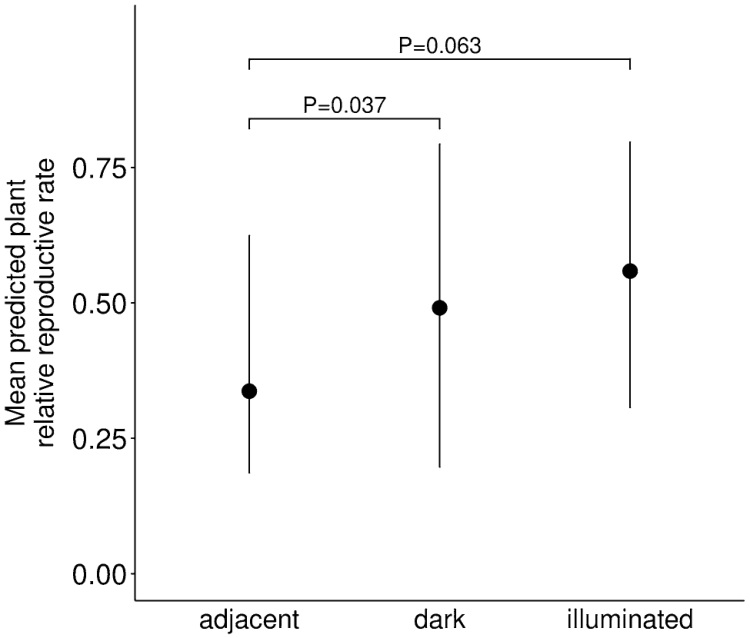 Predicted Silene relative reproductive output in adjacent, dark and illuminated field treatments.