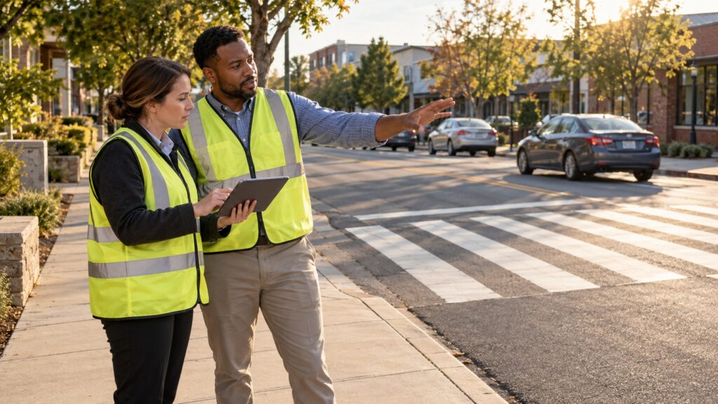 AI-generated editorial illustration of two transportation engineers reviewing a marked crossing from the sidewalk.