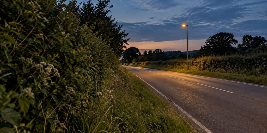Rural road and hedgerow at dusk with ordinary-scale streetlights and a grass verge.