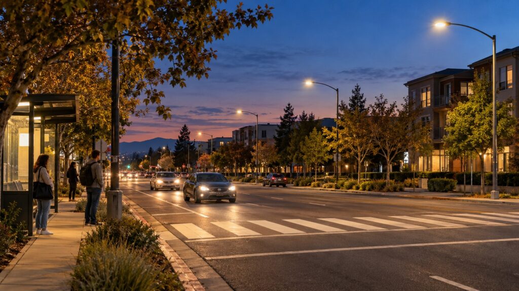 AI-generated editorial illustration: a neighborhood road, marked crossing and transit stop at dusk.