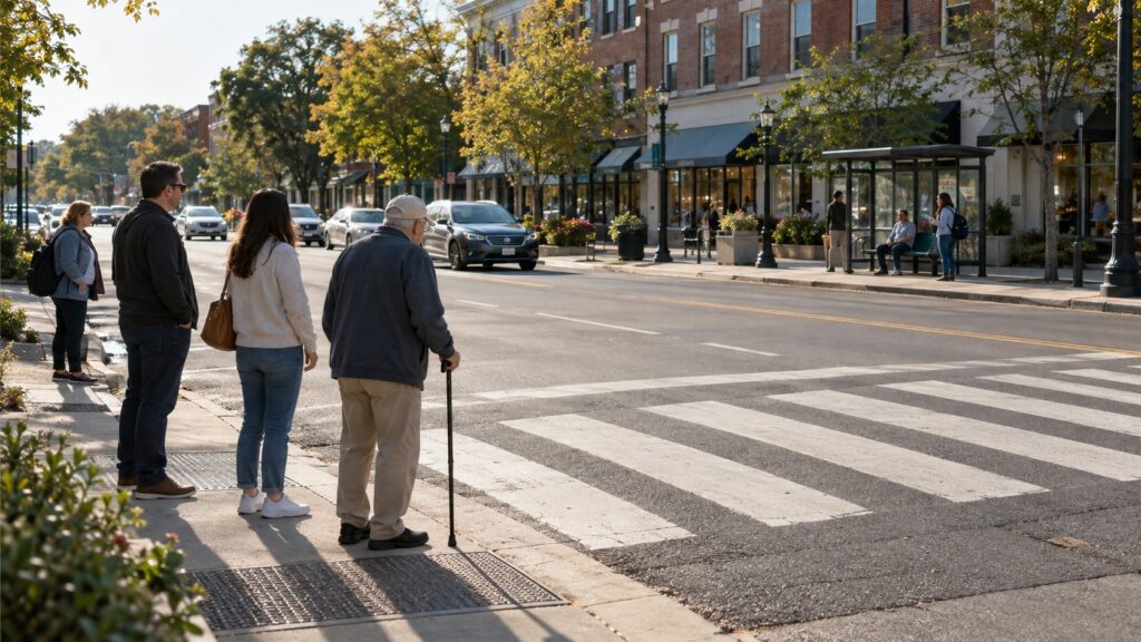 AI-generated editorial illustration of people waiting to cross a neighborhood road.