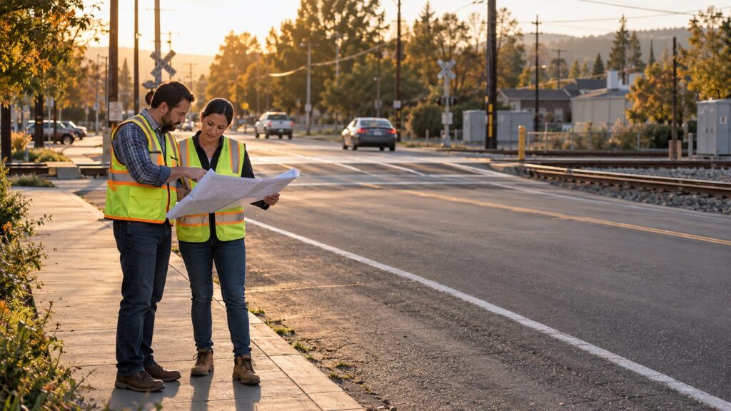 AI-generated editorial illustration: two engineers reviewing a site plan on a public sidewalk near a railroad crossing.